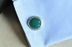 Round Green Onyx and Sterling Cuff Links