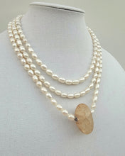 Load image into Gallery viewer, Triple Strand Pearl Necklace with Amber Quartz
