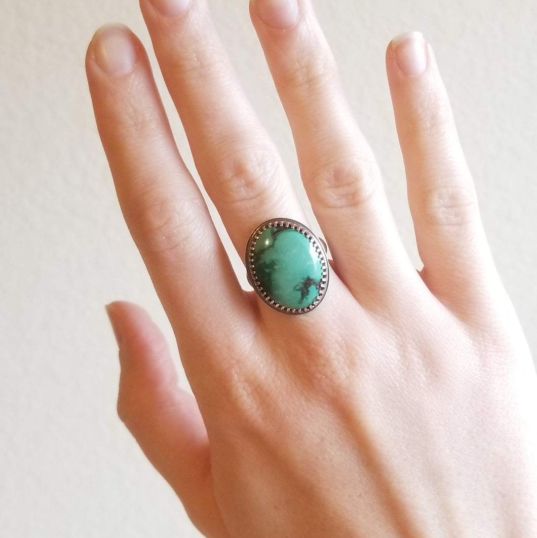 Oval Turquoise & Sterling Silver Statement Ring - Size 8