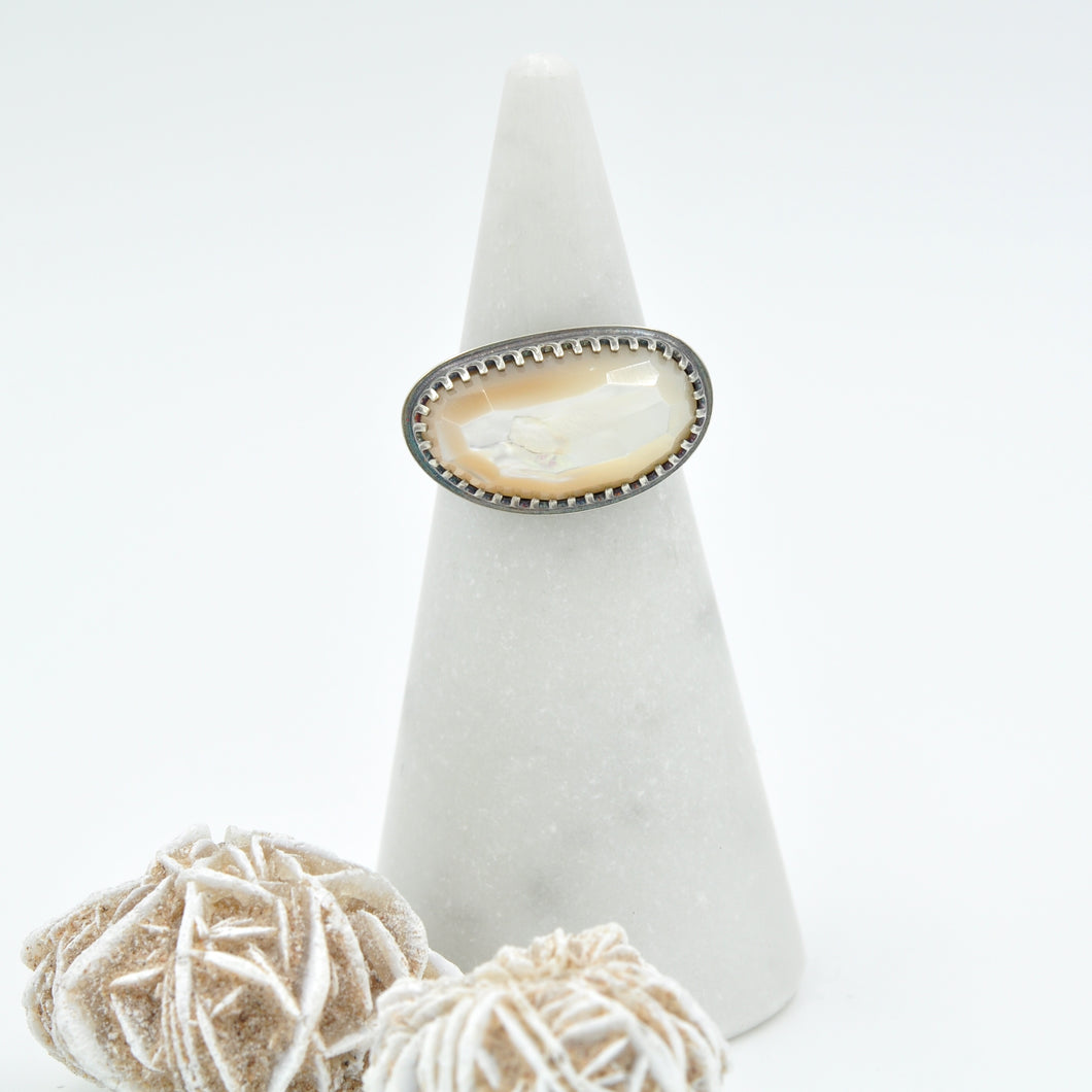 Mother of Pearl Statement Ring with Decorative Band - Size 7