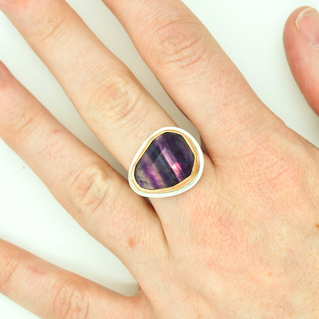 Mixed Metal Faceted Fluorite Ring - Size 8
