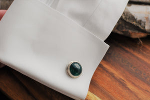 Round Green Onyx and Sterling Cuff Links