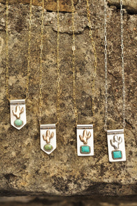 Sterling Saguaro Cactus Banner Necklace with Kingman Turquoise